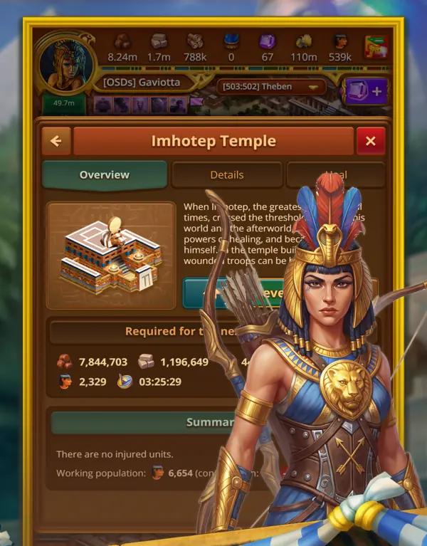 Pannello del tempio di Imhotep in Anocris con costi in risorse e timer 03:25:29