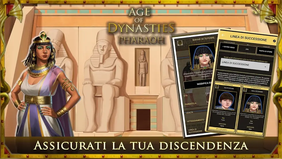 Scheda della linea di successione di Age of Dynasties Pharaoh con etichette in italiano