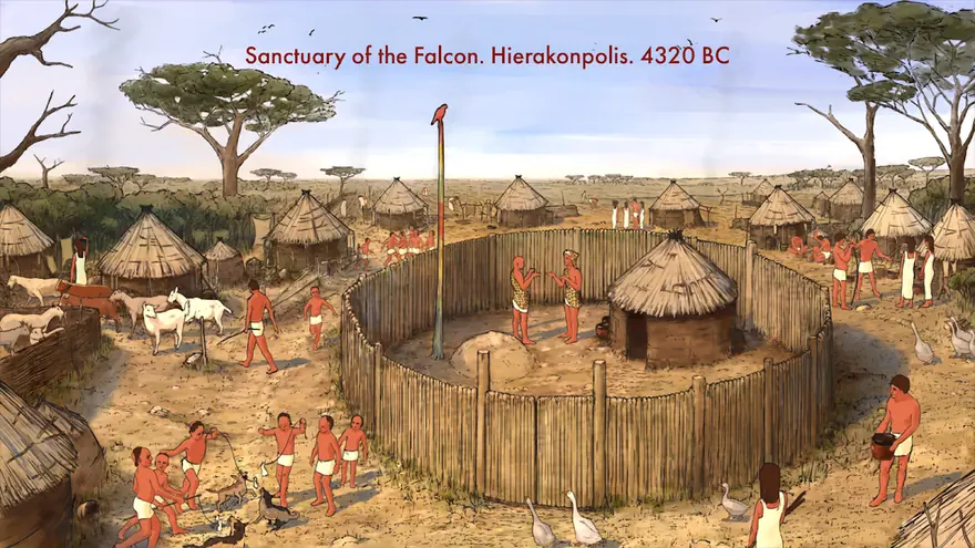 Illustrazione del santuario del falco a Hierakonpolis datata 4320 BC in Predynastic Egypt