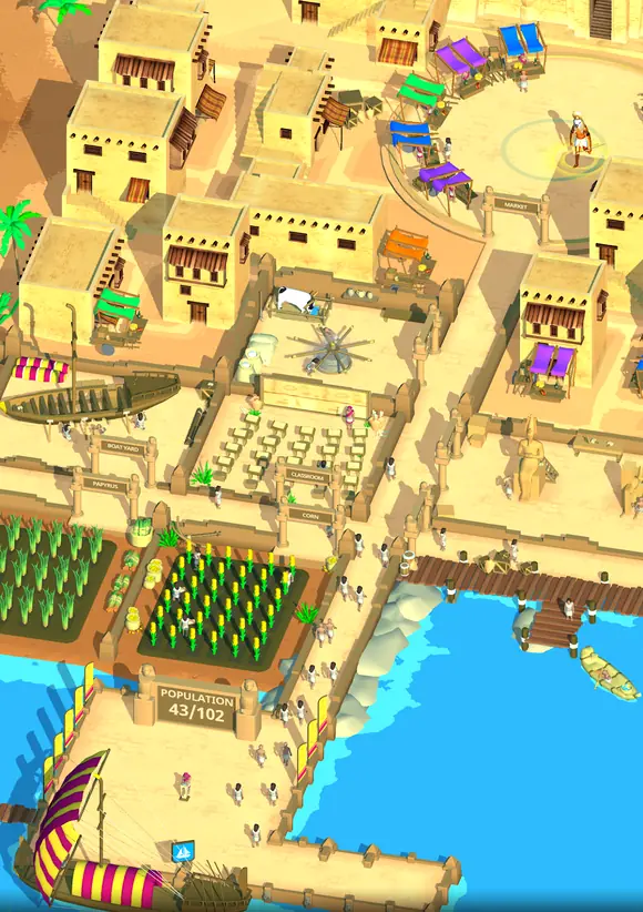 Villaggio isometrico di Idle Egypt Tycoon con il contatore della popolazione fermo su 43 su 102