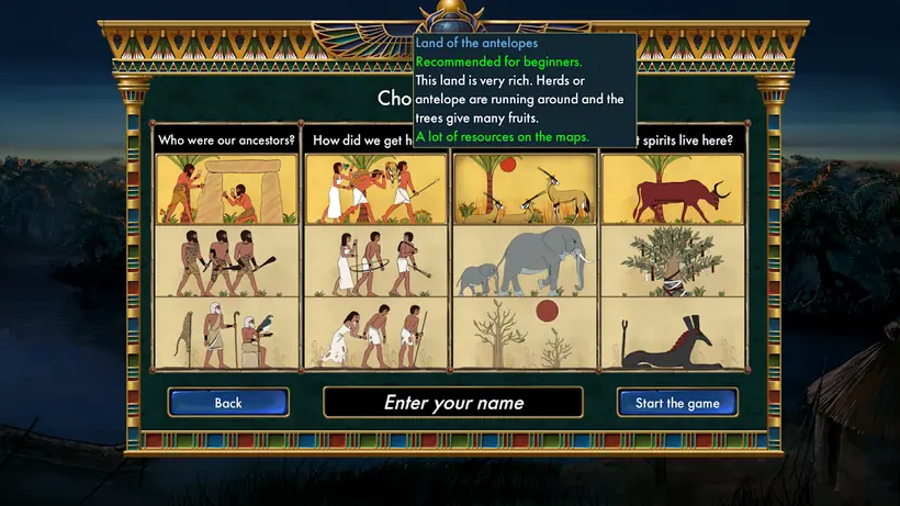 Avvio di una partita a Predynastic Egypt con le quattro domande sulle origini e il campo per il nome