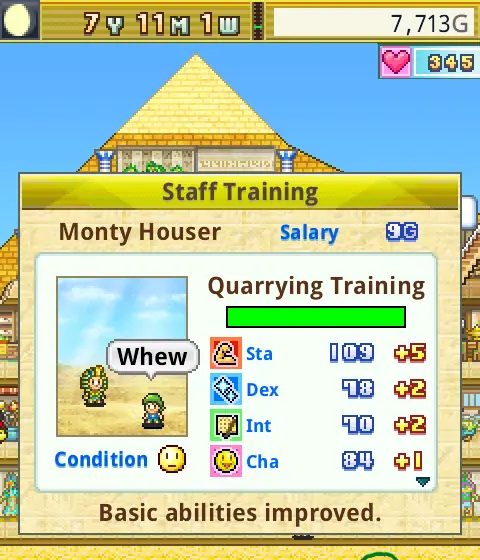 Addestramento alla cava di Monty Houser in The Pyraplex con salario 9G e quattro statistiche